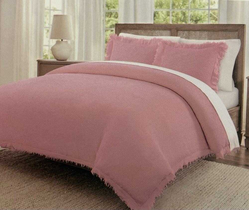 Shabby Chic All Cotton Woven Full Queen Size Duvet Cover Set Pink Garment Wash